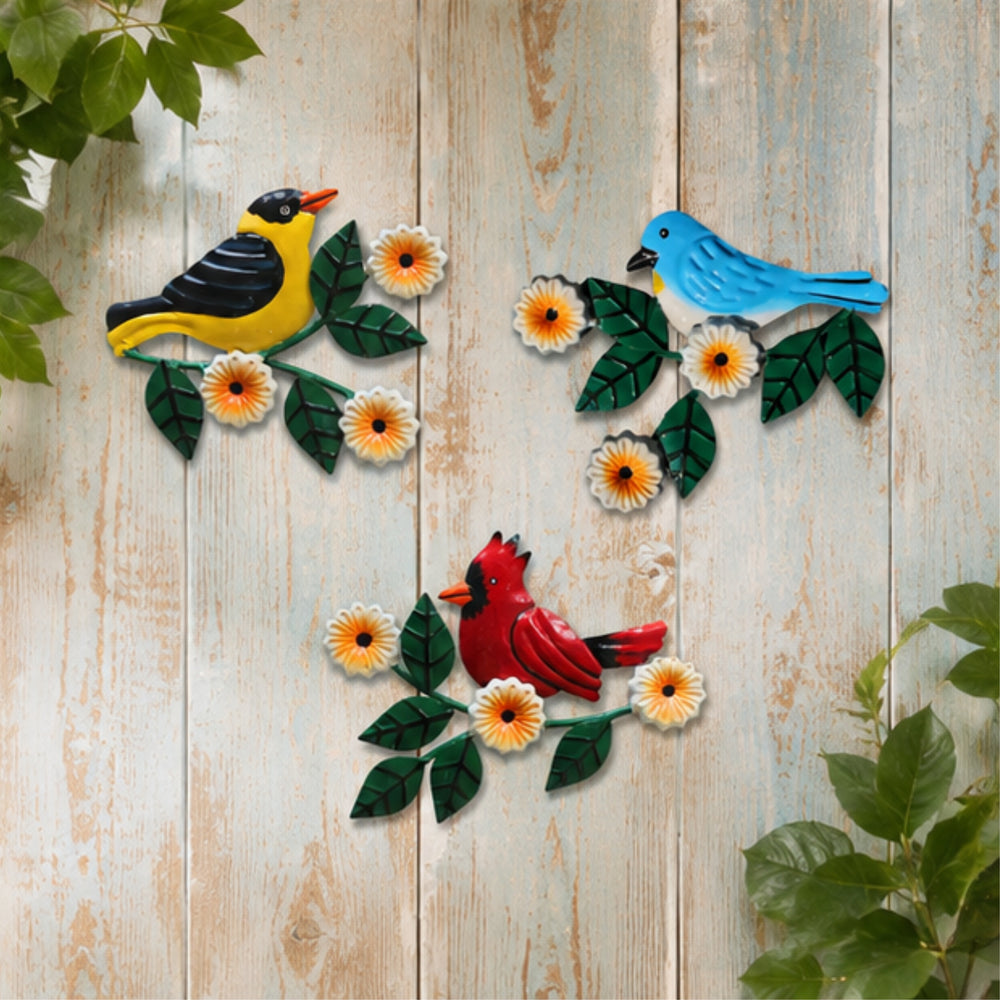 set of 3 Handcrafted Metal Yellow Bird on Branch Wall Art