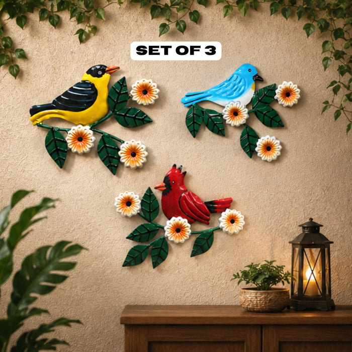 set of 3 Handcrafted Metal Yellow Bird on Branch Wall Art