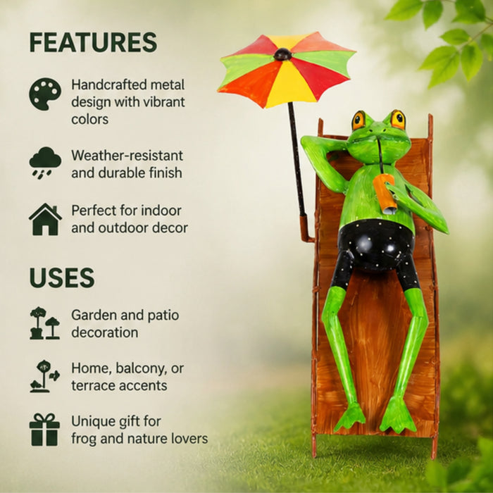 Metal Frog Sleeping Under Umbrella for Home and Garden Decoration