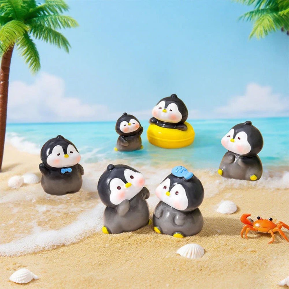 Miniature Cute Penguin Figurines Set of 6 – Tiny Plastic Ocean Animal Statues for Micro Landscape, Terrarium, Dollhouse & Fairy Garden Décor