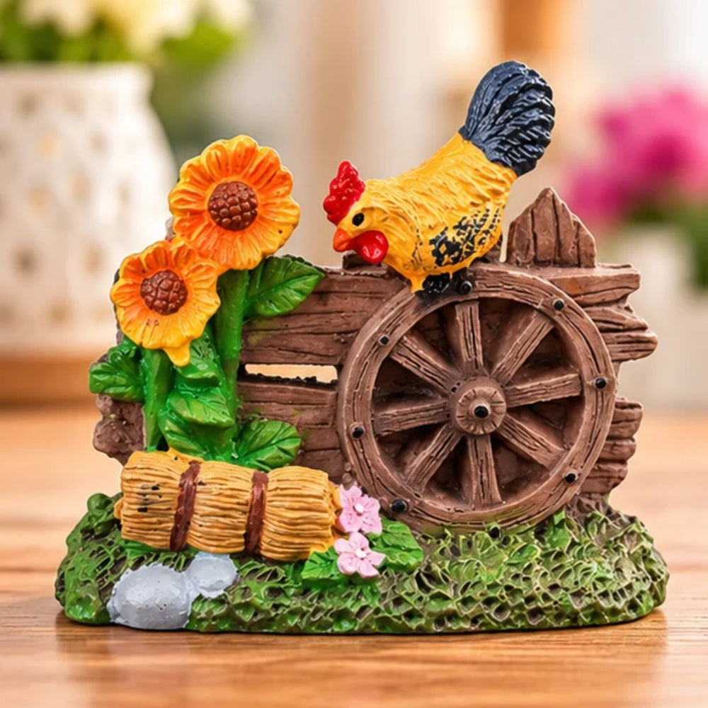 Miniature Farmhouse Figurine with Hen, Wooden Wheel, and Sunflowers – Decorative Showpiece for Home Decor, Fairy Gardens, and Micro Landscapes (Set of 2)