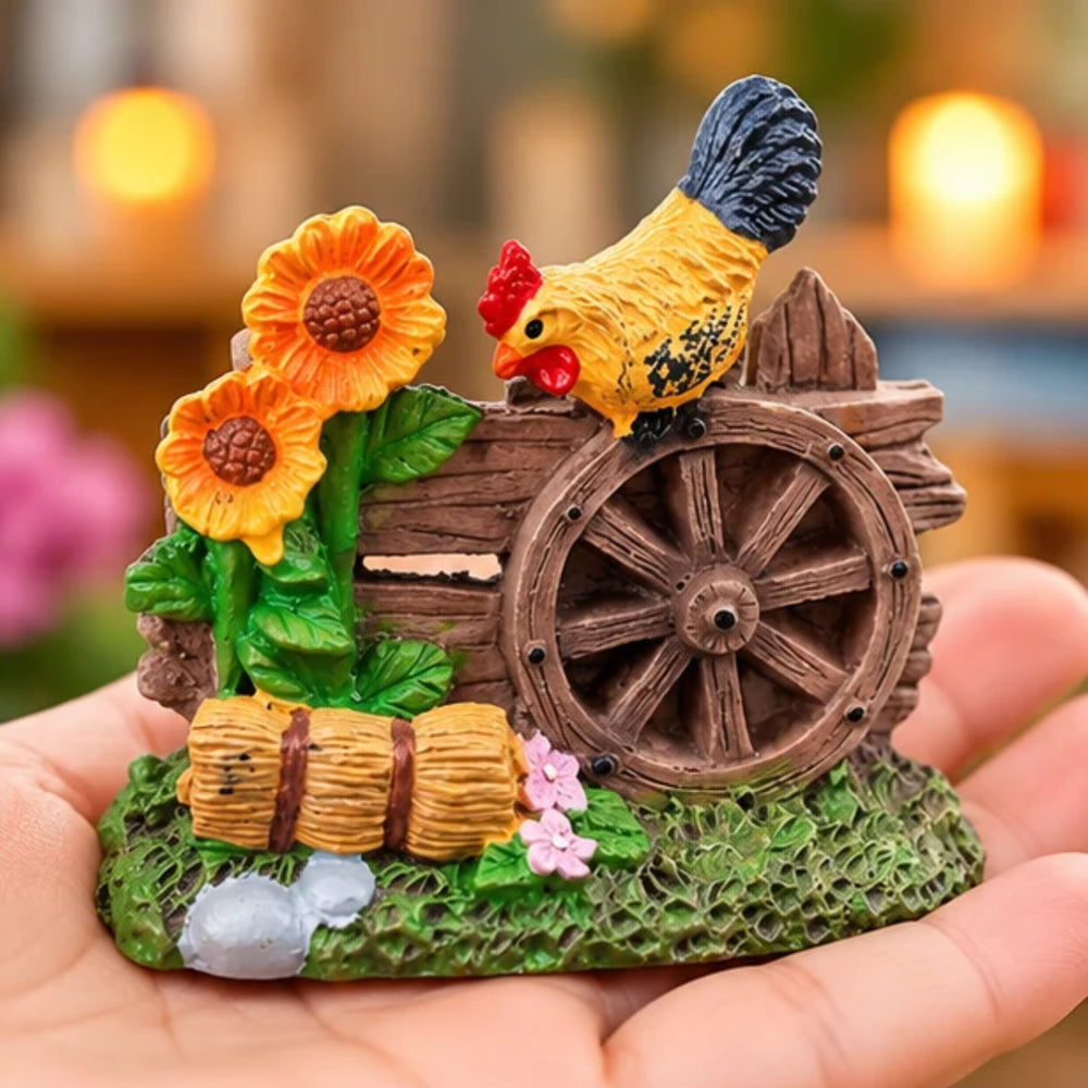 Miniature Farmhouse Figurine with Hen, Wooden Wheel, and Sunflowers – Decorative Showpiece for Home Decor, Fairy Gardens, and Micro Landscapes (Set of 2)