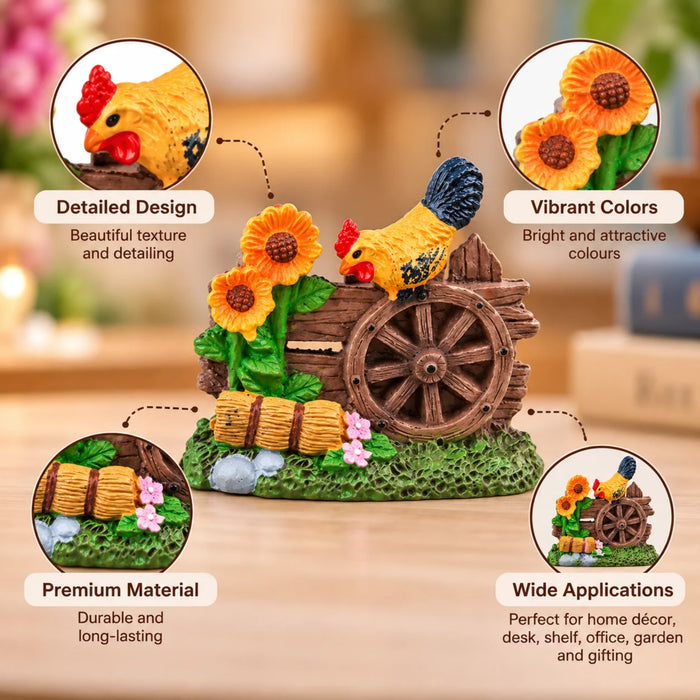 Miniature Farmhouse Figurine with Hen, Wooden Wheel, and Sunflowers – Decorative Showpiece for Home Decor, Fairy Gardens, and Micro Landscapes (Set of 2)