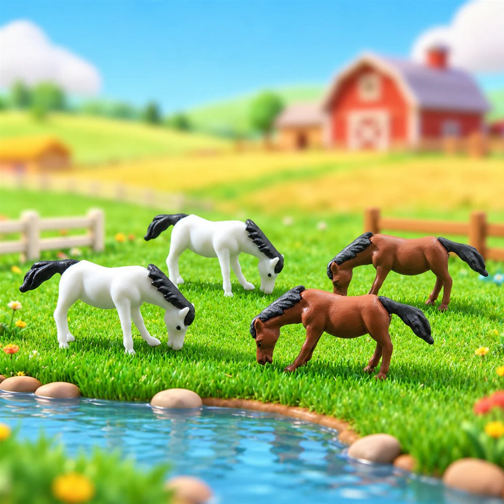 Miniature Horse Figurines Set of 4 – Cute Small Grazing Ponies for Fairy Gardens, Terrariums, Micro Landscaping & Dollhouse Decor