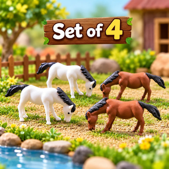 Miniature Horse Figurines Set of 4 – Cute Small Grazing Ponies for Fairy Gardens, Terrariums, Micro Landscaping & Dollhouse Decor
