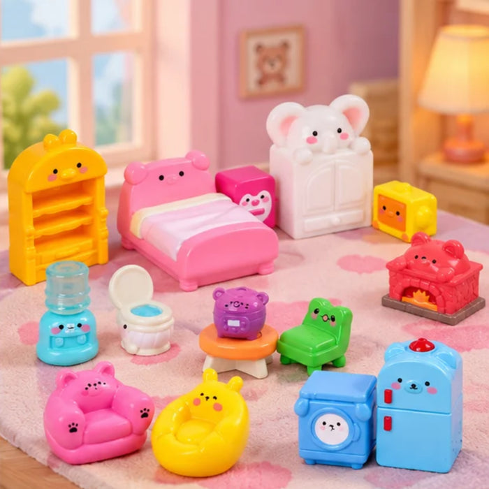 15-Piece Cute Animal-Themed Dollhouse Furniture Miniatures Set – Kawaii Miniature Home & Kitchen Decor Toys