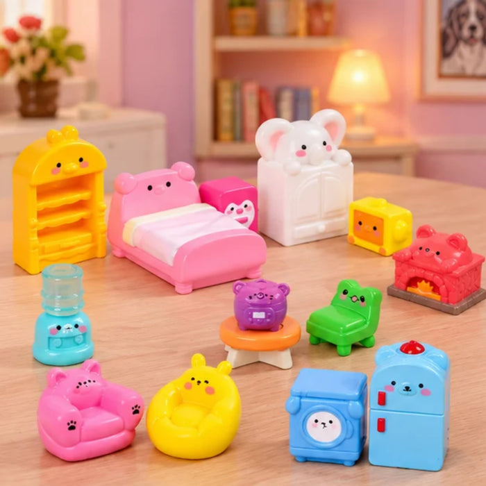 15-Piece Cute Animal-Themed Dollhouse Furniture Miniatures Set – Kawaii Miniature Home & Kitchen Decor Toys