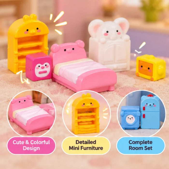 15-Piece Cute Animal-Themed Dollhouse Furniture Miniatures Set – Kawaii Miniature Home & Kitchen Decor Toys