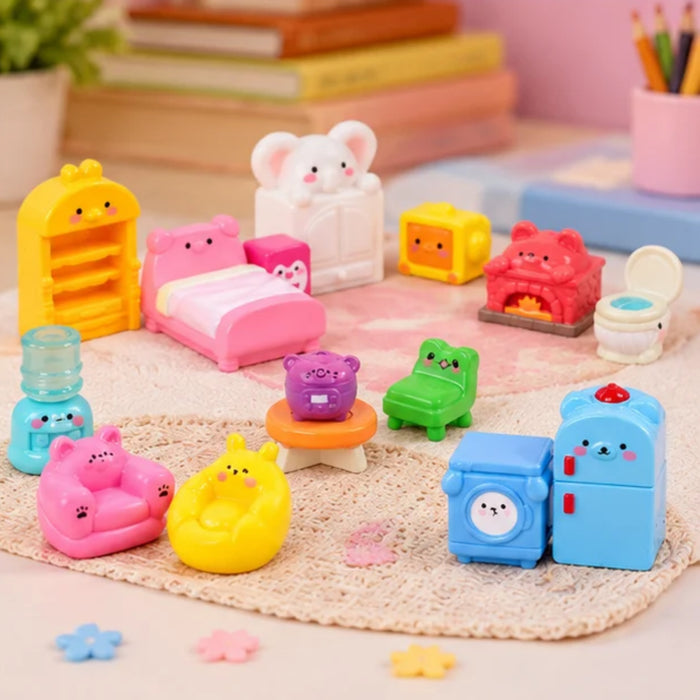 15-Piece Cute Animal-Themed Dollhouse Furniture Miniatures Set – Kawaii Miniature Home & Kitchen Decor Toys