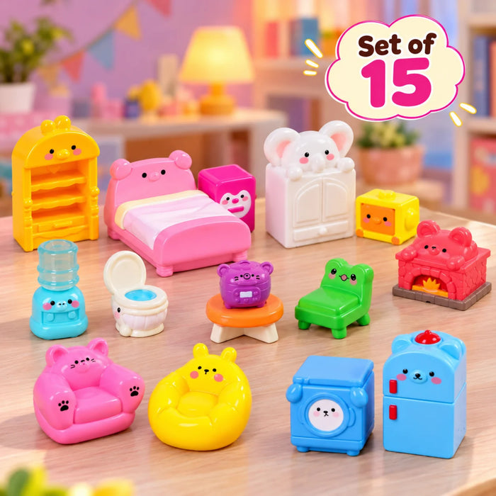 15-Piece Cute Animal-Themed Dollhouse Furniture Miniatures Set – Kawaii Miniature Home & Kitchen Decor Toys