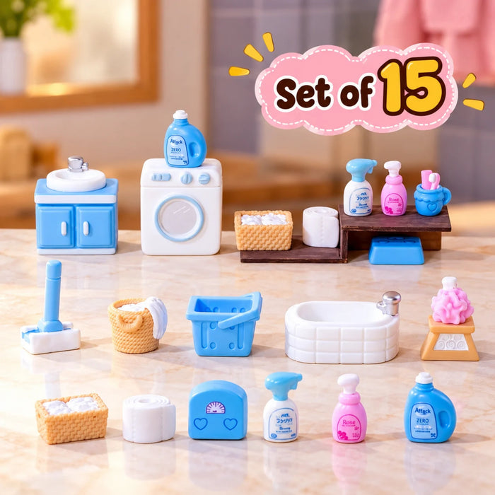 15-Piece Miniature Laundry & Bathroom Accessories Set for Dollhouses & Dioramas