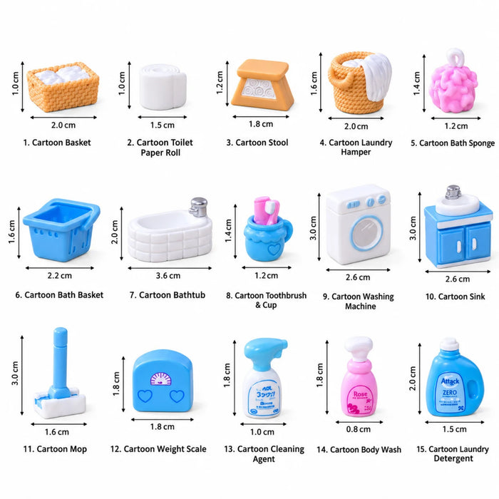 15-Piece Miniature Laundry & Bathroom Accessories Set for Dollhouses & Dioramas