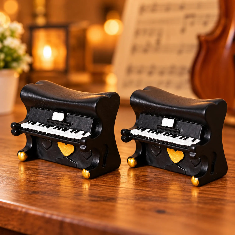 Handcrafted Miniature Piano Figurine Set of 2 – Vintage Black & Gold Musical Collectibles