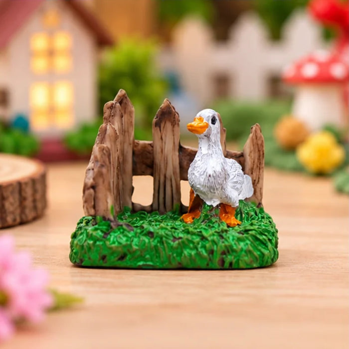 Handcrafted Miniature Duck with Wooden Fence Set (Set of 2) – Plastic Fairy Garden & Home Decor Figurines