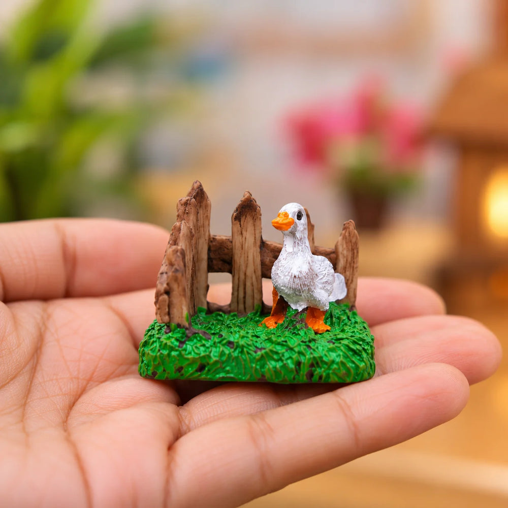Handcrafted Miniature Duck with Wooden Fence Set (Set of 2) – Plastic Fairy Garden & Home Decor Figurines