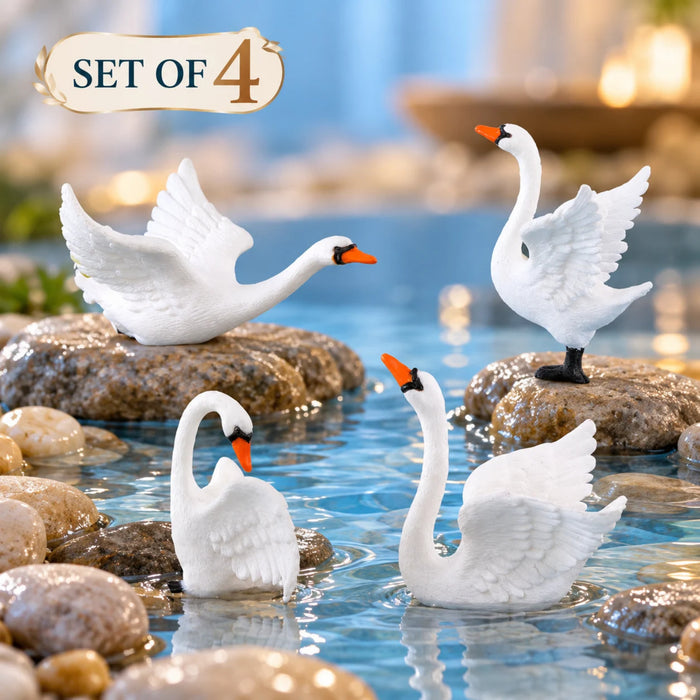Miniature White Swan Figurines (Set of 4) – Charming Fairy Garden & Terrarium Decor