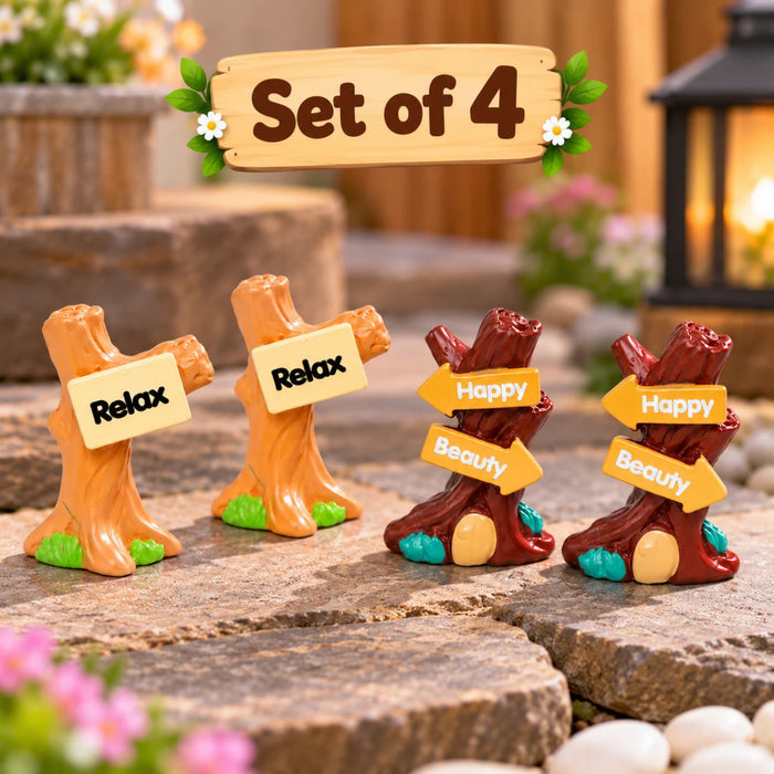 Miniature Wooden-Style Directional Signs Set of 4 – Decorative Fairy Garden & Terrarium Signs