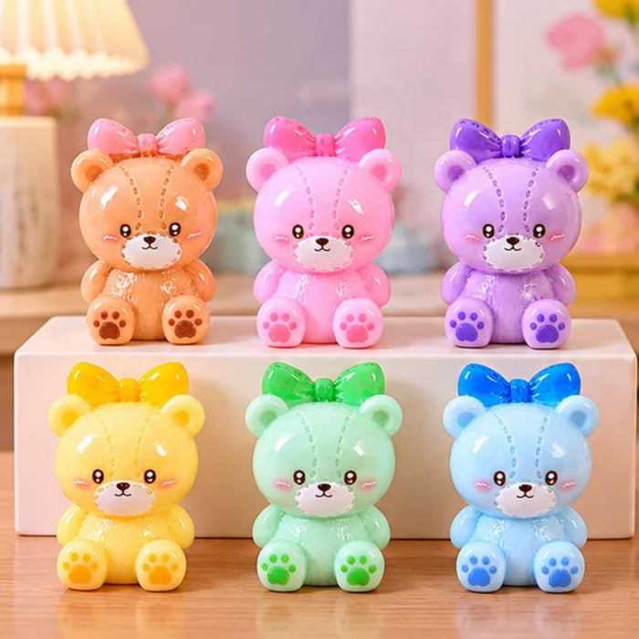 6 Pcs Set Miniature Teddy Bears with Bows – Cute Pastel Plastic Figurines for DIY Crafts, Dollhouse Decor & Microlandscape