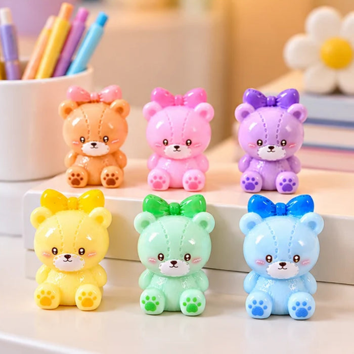 6 Pcs Set Miniature Teddy Bears with Bows – Cute Pastel Plastic Figurines for DIY Crafts, Dollhouse Decor & Microlandscape
