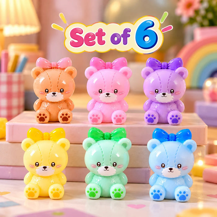 6 Pcs Set Miniature Teddy Bears with Bows – Cute Pastel Plastic Figurines for DIY Crafts, Dollhouse Decor & Microlandscape