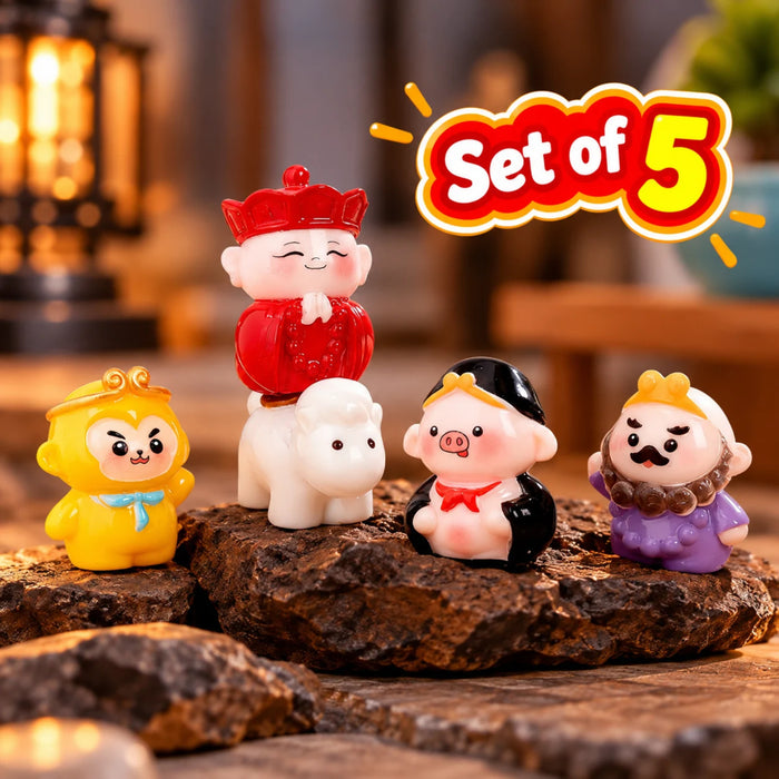 Cute Journey to the West Miniature Figurines – Set of 5 Kawaii Plastic Statues (Sun Wukong, Tang Sanzang, Pigsy, Sandy & White Dragon Horse)