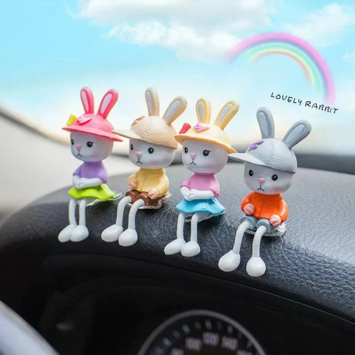 Cute Plastic Sitting Bunny Figurine Set of 4 – Hanging Leg Miniature Rabbit Statues for Home Decor, Garden & Shelves