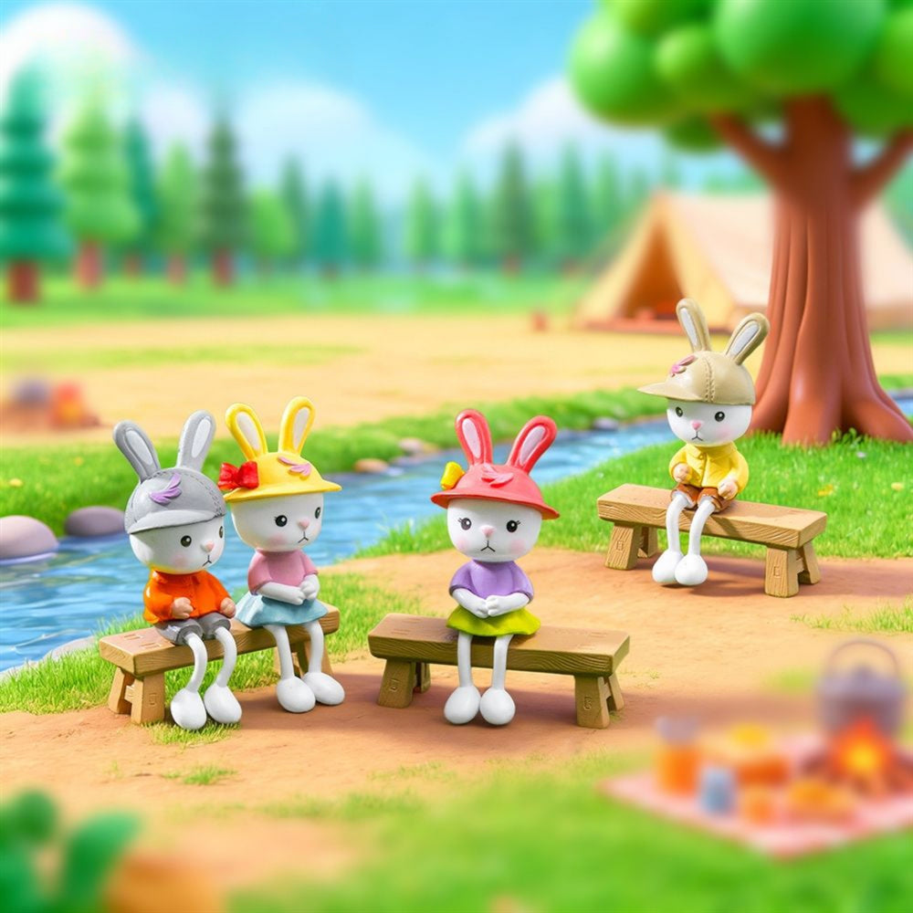 Cute Plastic Sitting Bunny Figurine Set of 4 – Hanging Leg Miniature Rabbit Statues for Home Decor, Garden & Shelves