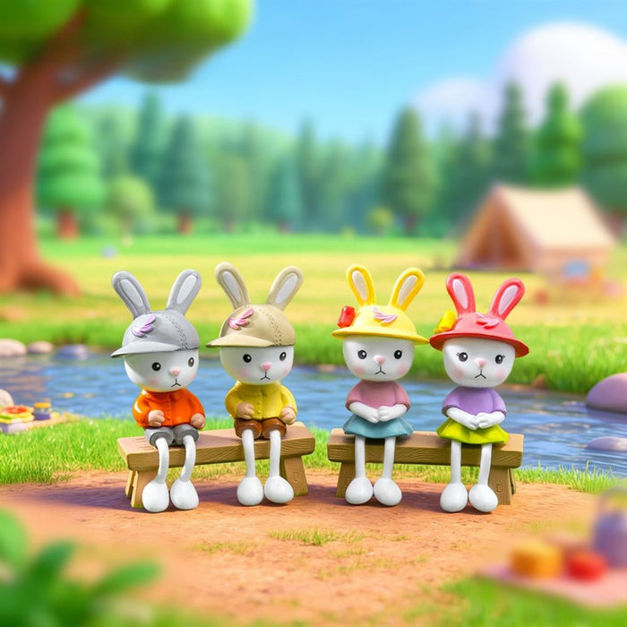 Cute Plastic Sitting Bunny Figurine Set of 4 – Hanging Leg Miniature Rabbit Statues for Home Decor, Garden & Shelves