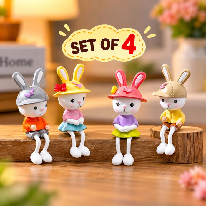Cute Plastic Sitting Bunny Figurine Set of 4 – Hanging Leg Miniature Rabbit Statues for Home Decor, Garden & Shelves