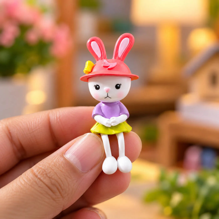 Cute Plastic Sitting Bunny Figurine Set of 4 – Hanging Leg Miniature Rabbit Statues for Home Decor, Garden & Shelves