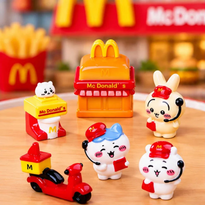 Kawaii Fast-Food Delivery Crew Miniature Figurine Set – 6-Piece Cute Cartoon Collectible Desktop & Diorama Decor