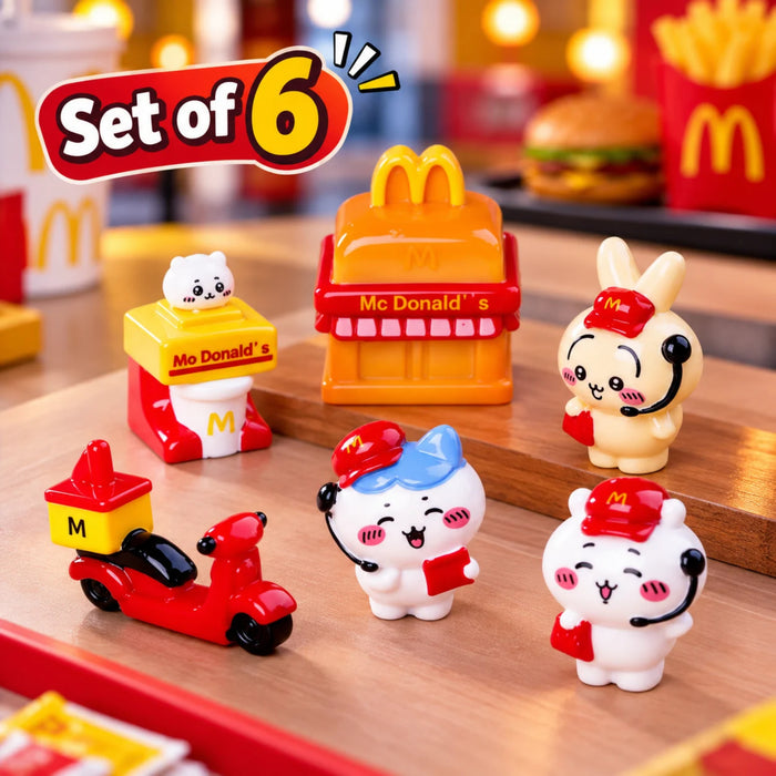 Kawaii Fast-Food Delivery Crew Miniature Figurine Set – 6-Piece Cute Cartoon Collectible Desktop & Diorama Decor