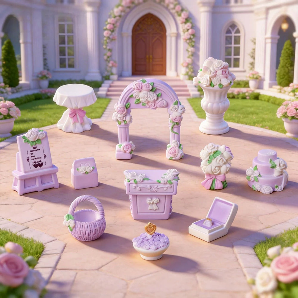 Pastel Lavender Miniature Wedding Decor Set – 11-Piece Romantic Fairy Tale Dollhouse Accessories
