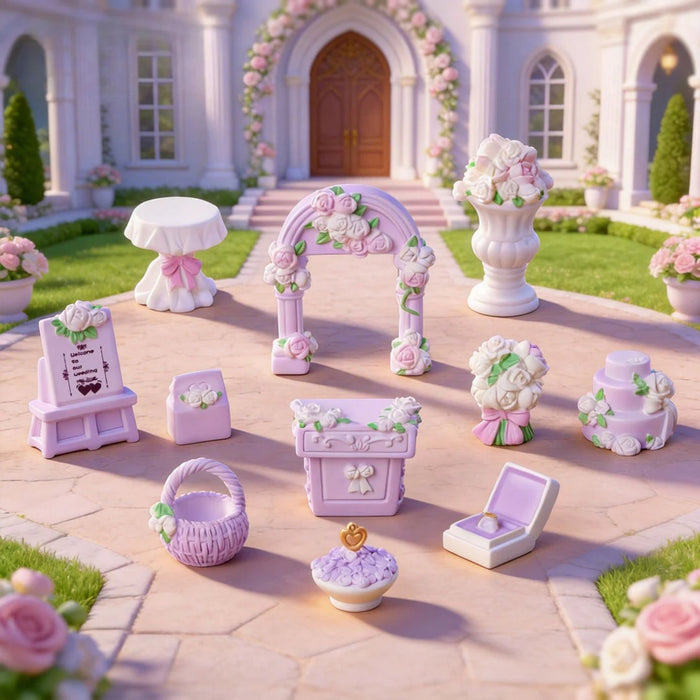 Pastel Lavender Miniature Wedding Decor Set – 11-Piece Romantic Fairy Tale Dollhouse Accessories