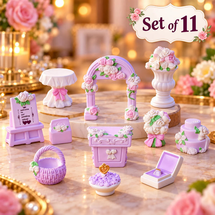 Pastel Lavender Miniature Wedding Decor Set – 11-Piece Romantic Fairy Tale Dollhouse Accessories