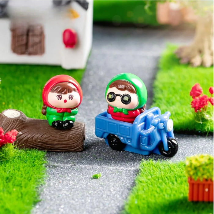 Cute Couple Riding Blue Scooter & Log Sitting Miniature Set (Set of 3)