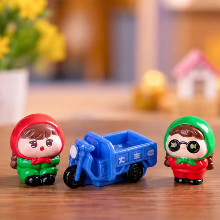 Cute Couple Riding Blue Scooter & Log Sitting Miniature Set (Set of 3)