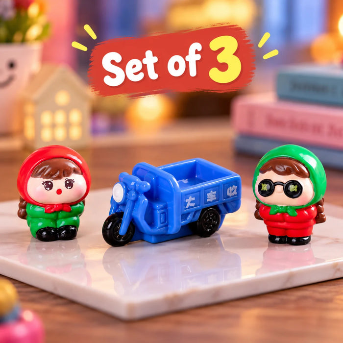 Cute Couple Riding Blue Scooter & Log Sitting Miniature Set (Set of 3)