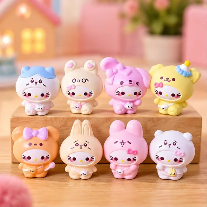Kawaii Hello Kitty Animal Onesie Miniatures – Set of 8 Cute Cartoon Collectible Figurines