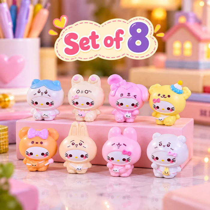 Kawaii Hello Kitty Animal Onesie Miniatures – Set of 8 Cute Cartoon Collectible Figurines