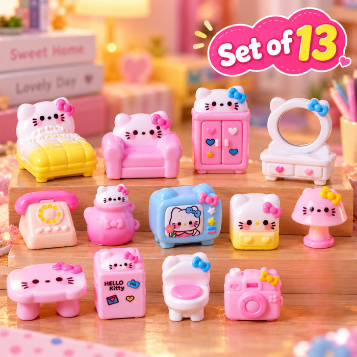 Kawaii Hello Kitty Miniature Dollhouse Furniture Set – 13-Piece Cute Pink Room Decor & Collectibles