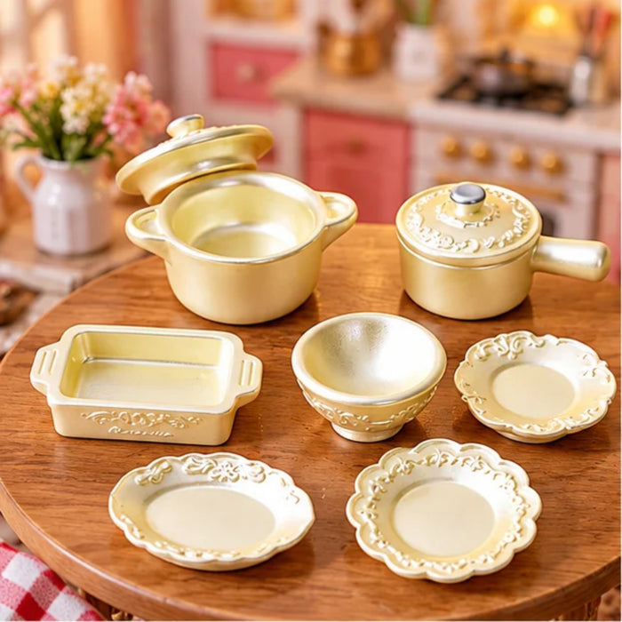 Elegant Gold Dollhouse Miniature Cookware & Dinnerware Set – 7-Piece Collection