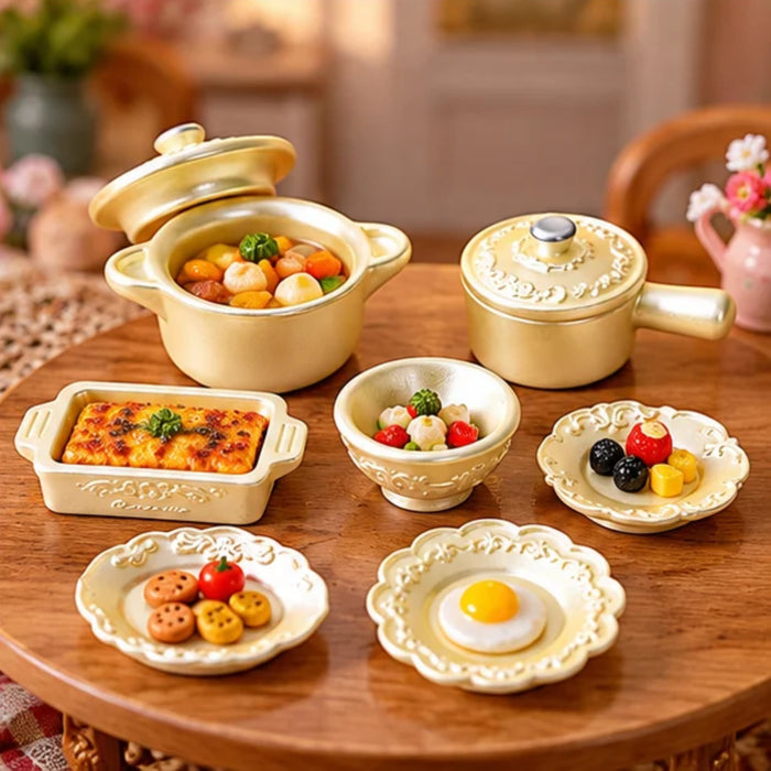 Elegant Gold Dollhouse Miniature Cookware & Dinnerware Set – 7-Piece Collection