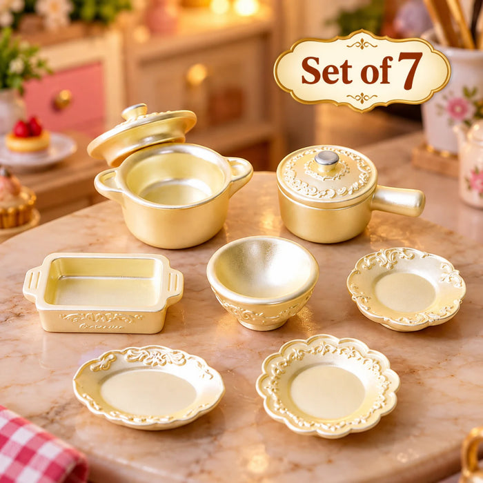 Elegant Gold Dollhouse Miniature Cookware & Dinnerware Set – 7-Piece Collection