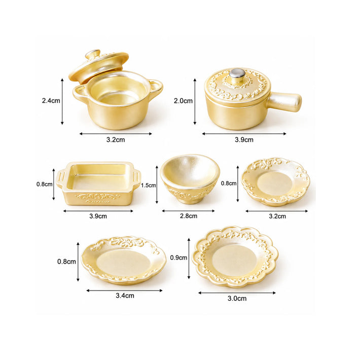 Elegant Gold Dollhouse Miniature Cookware & Dinnerware Set – 7-Piece Collection