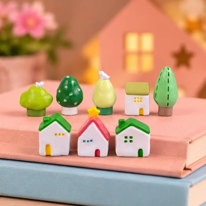Handpainted Plastic Micro Village Figurines – Set of 9 Miniature Houses and Trees for Fairy Gardens & Terrariums
