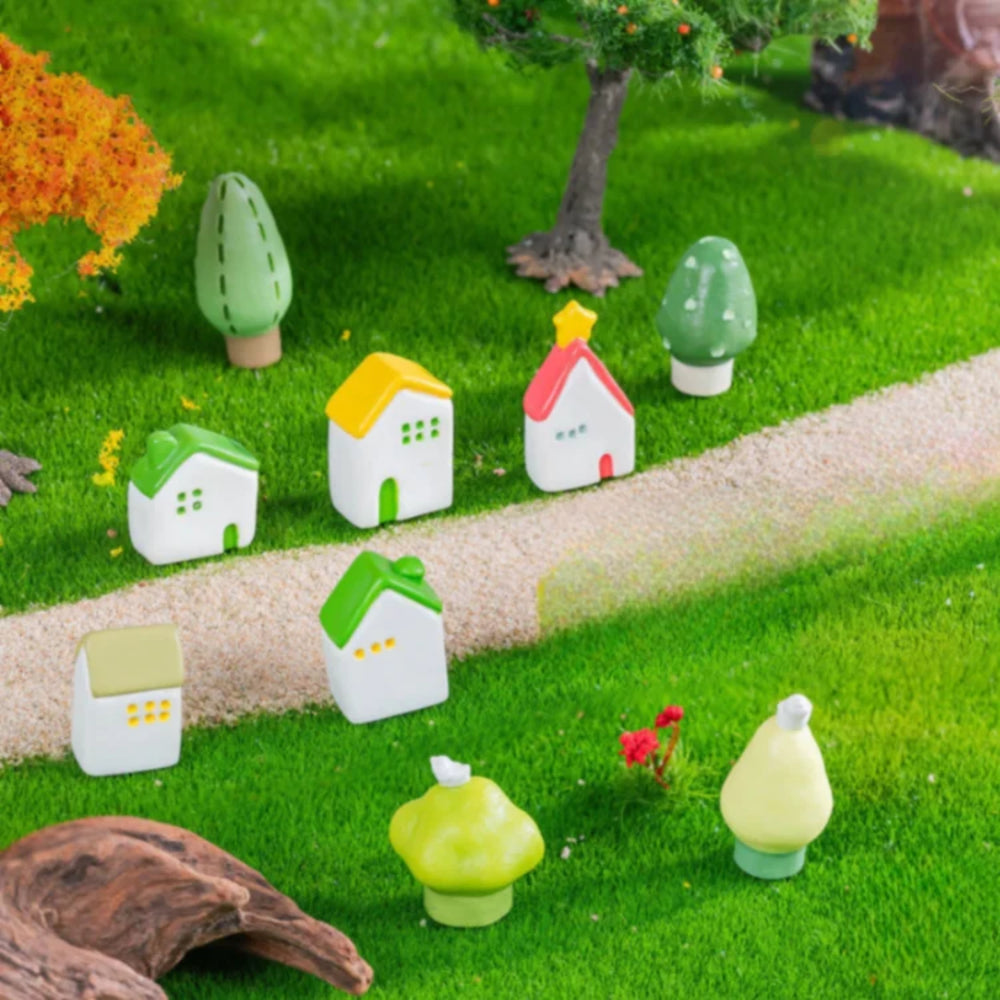 Handpainted Plastic Micro Village Figurines – Set of 9 Miniature Houses and Trees for Fairy Gardens & Terrariums
