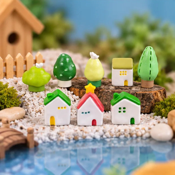 Handpainted Plastic Micro Village Figurines – Set of 9 Miniature Houses and Trees for Fairy Gardens & Terrariums