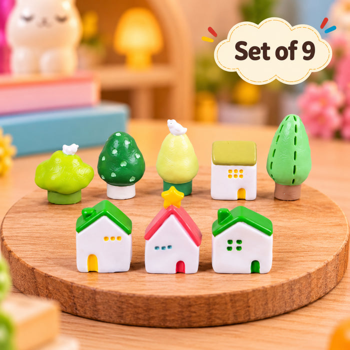 Handpainted Plastic Micro Village Figurines – Set of 9 Miniature Houses and Trees for Fairy Gardens & Terrariums