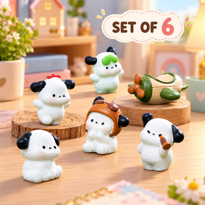 Kawaii Puppy Miniatures Set of 6 – Cute Dog Figurines for Desk Decor & Fairy Gardens